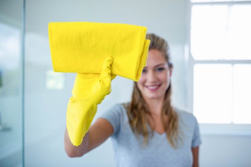 Staff using safe methods and protective equipment during cleaning